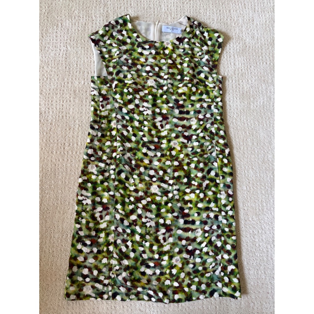 M.M.LaFleur Mazza Shift Dress Washable Silk 4 Green Abstract Botanical Office